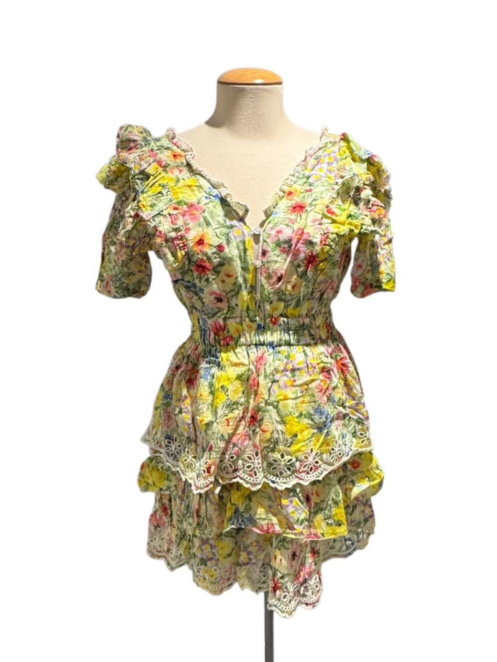 LOVESHACKFANCY yellow eyelet lace floral mini dress - size xs
